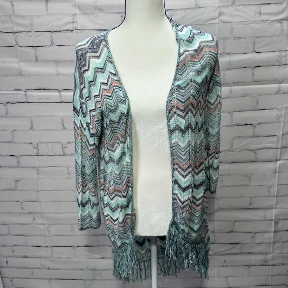 Vanity Chevron Fringe Hem Open Knit Cardigan – Size L Boho - Picture 1 of 8